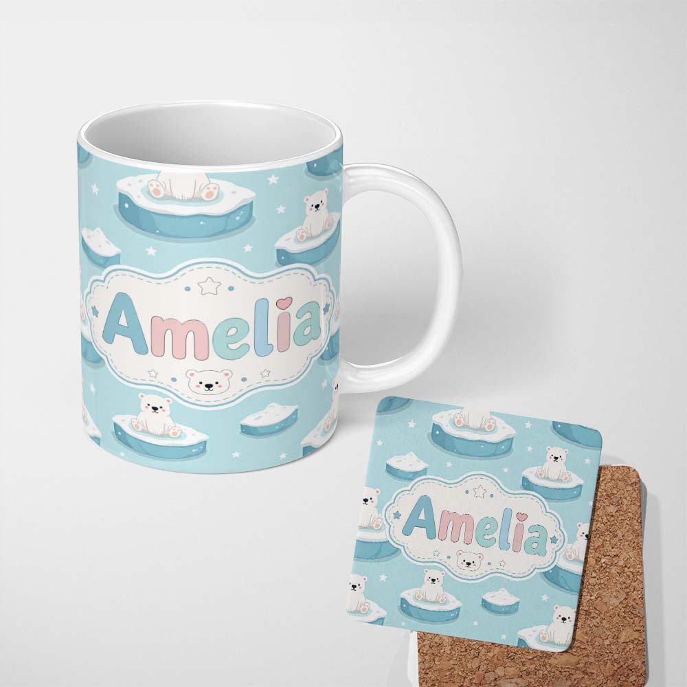 Personalized Custom Name Cute Polar Bears on Ice Floes Arctic Winter Cute Animals Seamless 11oz Ceramic Coffee Tea Mug White Large Handle