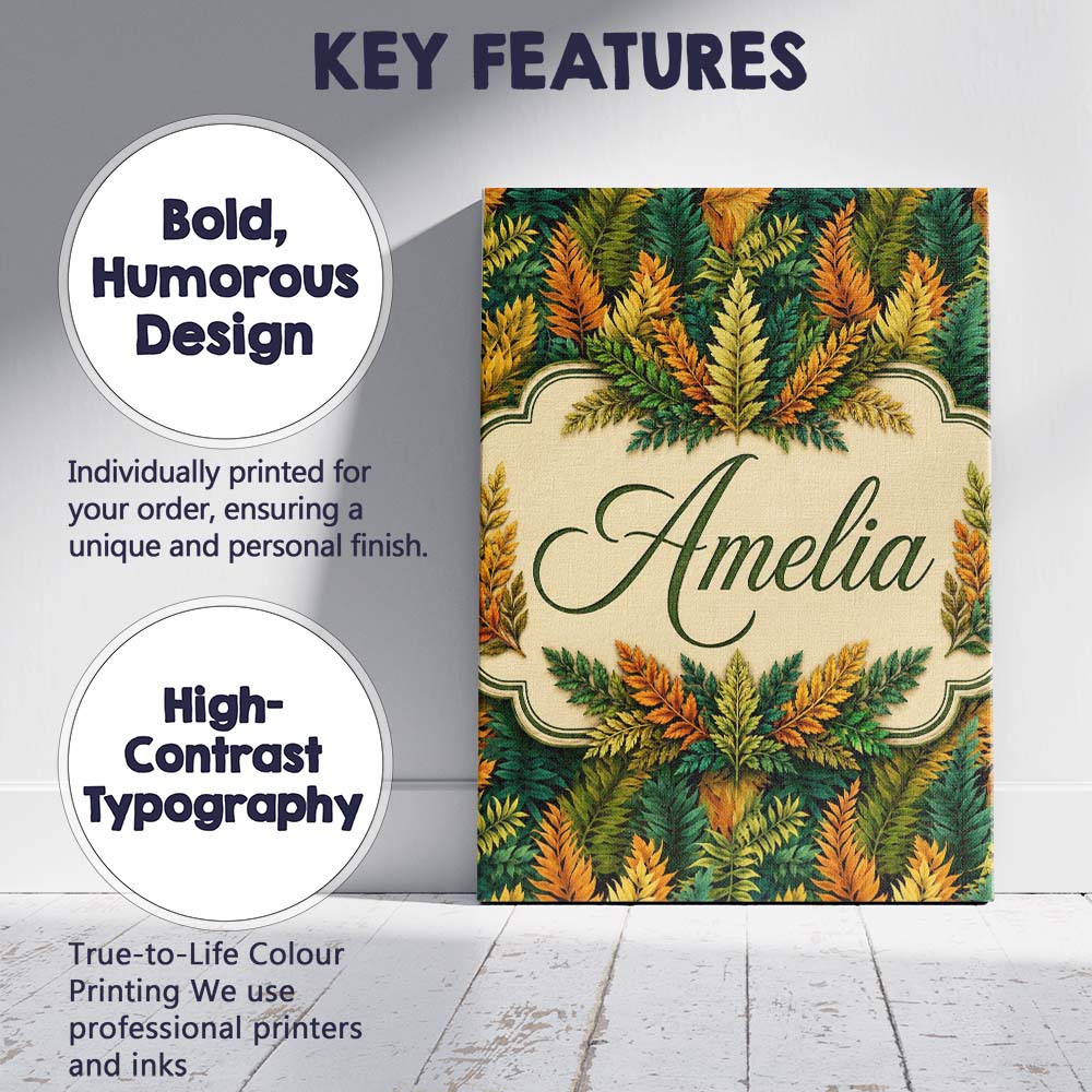 Personalised Name Autumn Multicolour Leaf Custom Unique Gift Idea Elegant Feature Canvas Wall Art Print Decor Picture Ready to Hang