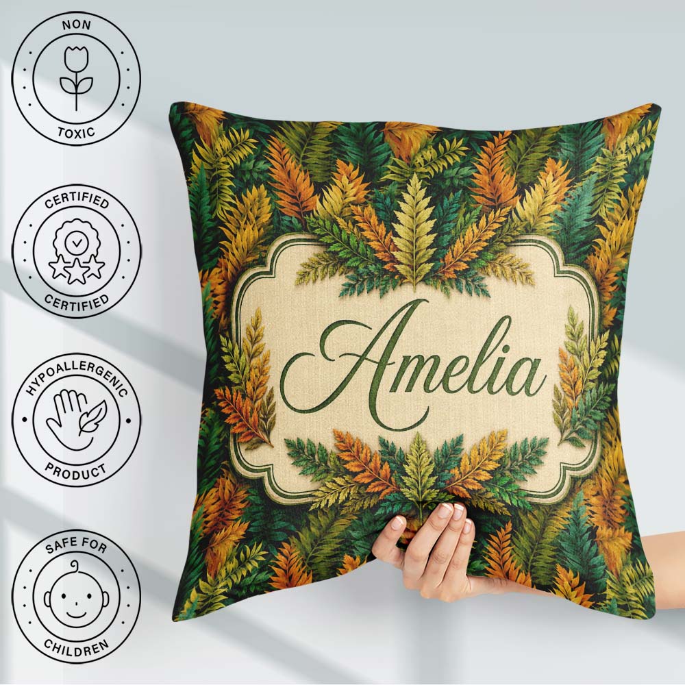 Custom Name Autumn Multicolour Leaf Botanical Seamless Pattern Square Filled Cushion Throw Pillow Sofa Bed Home Decor Zip Washable UK Made