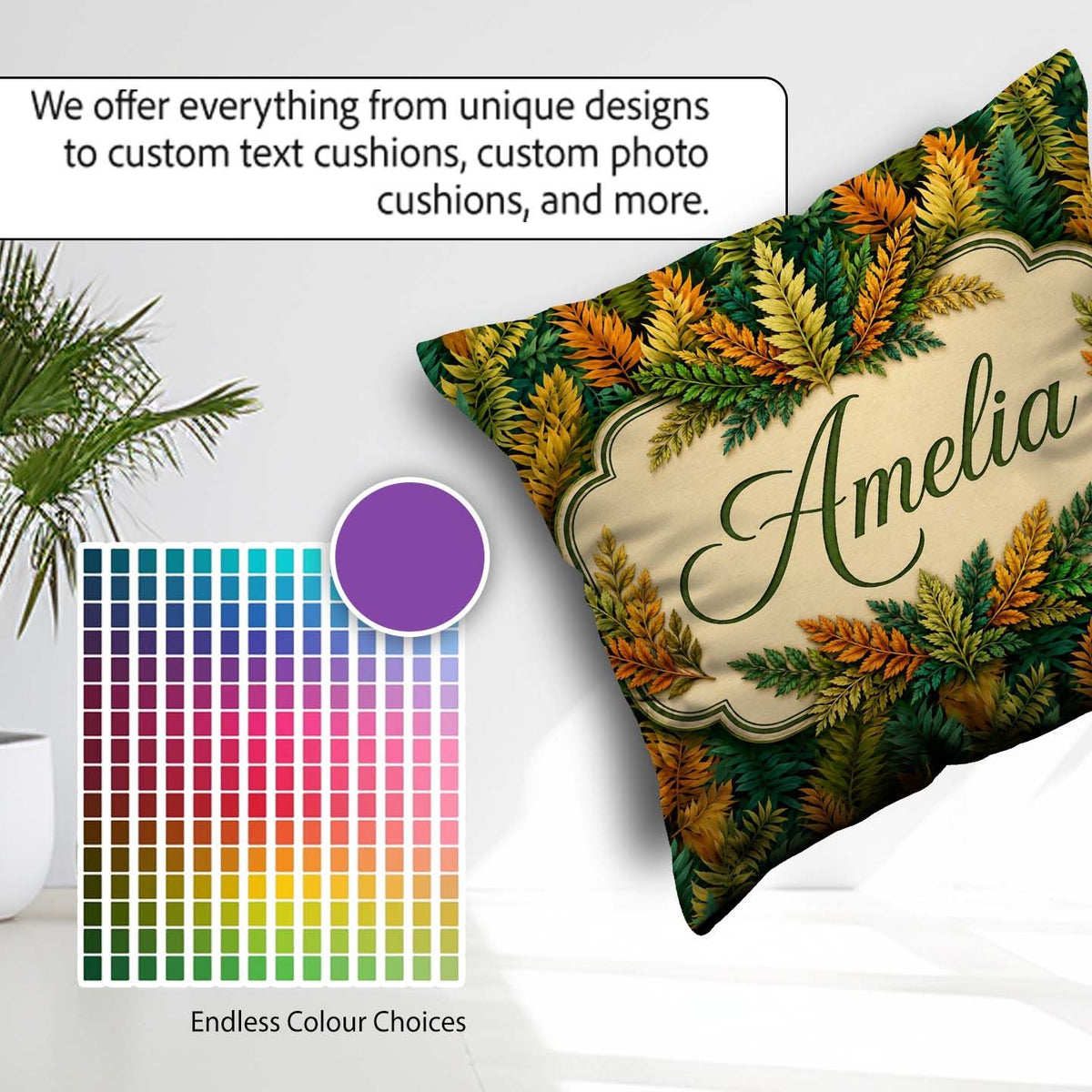 Custom Name Autumn Multicolour Leaf Botanical Seamless Pattern Square Filled Cushion Throw Pillow Sofa Bed Home Decor Zip Washable UK Made