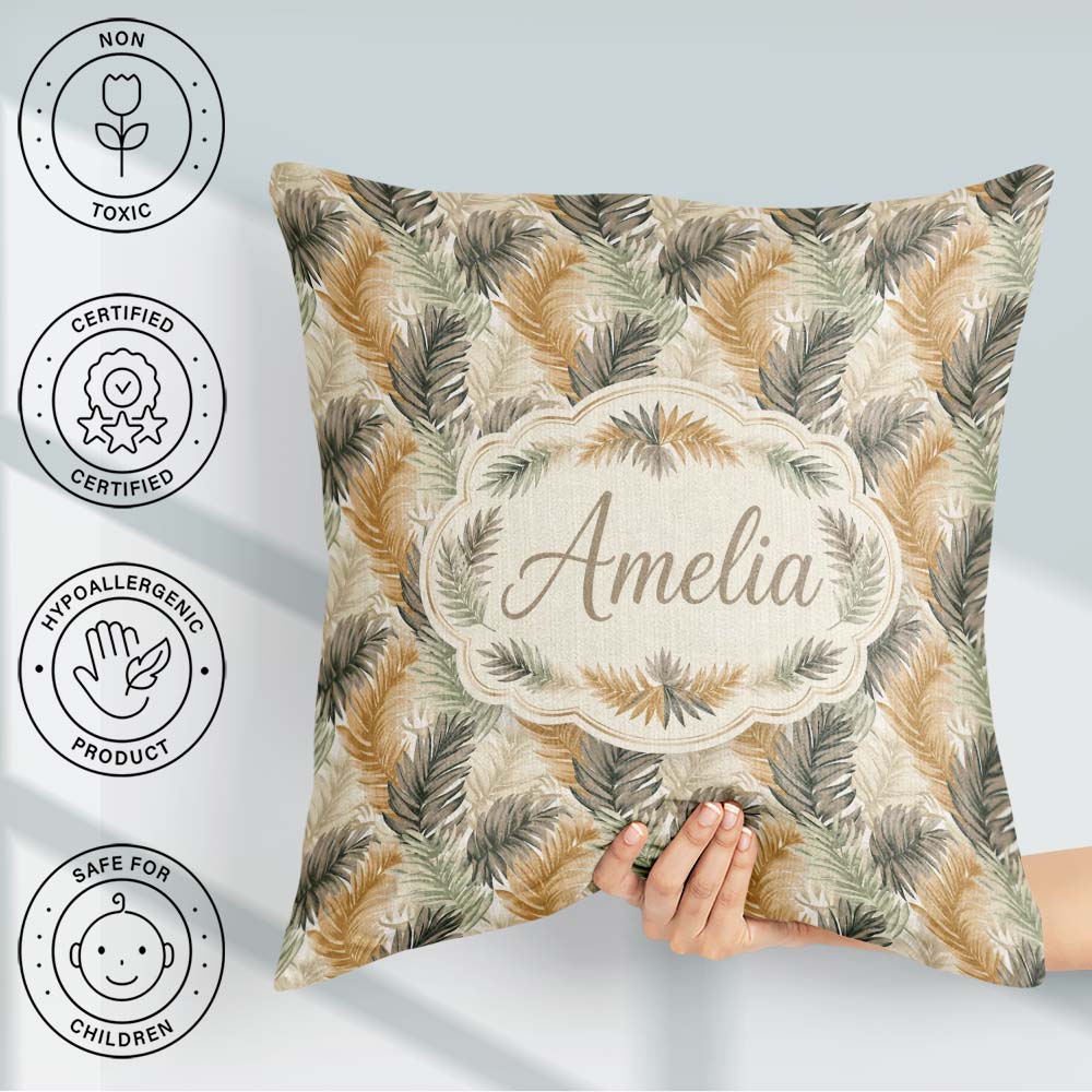 Custom Name Earthy Toned Palm Leaf Botanical Seamless Pattern Square Filled Cushion Throw Pillow Sofa Bed Home Decor Zip Washable UK Made