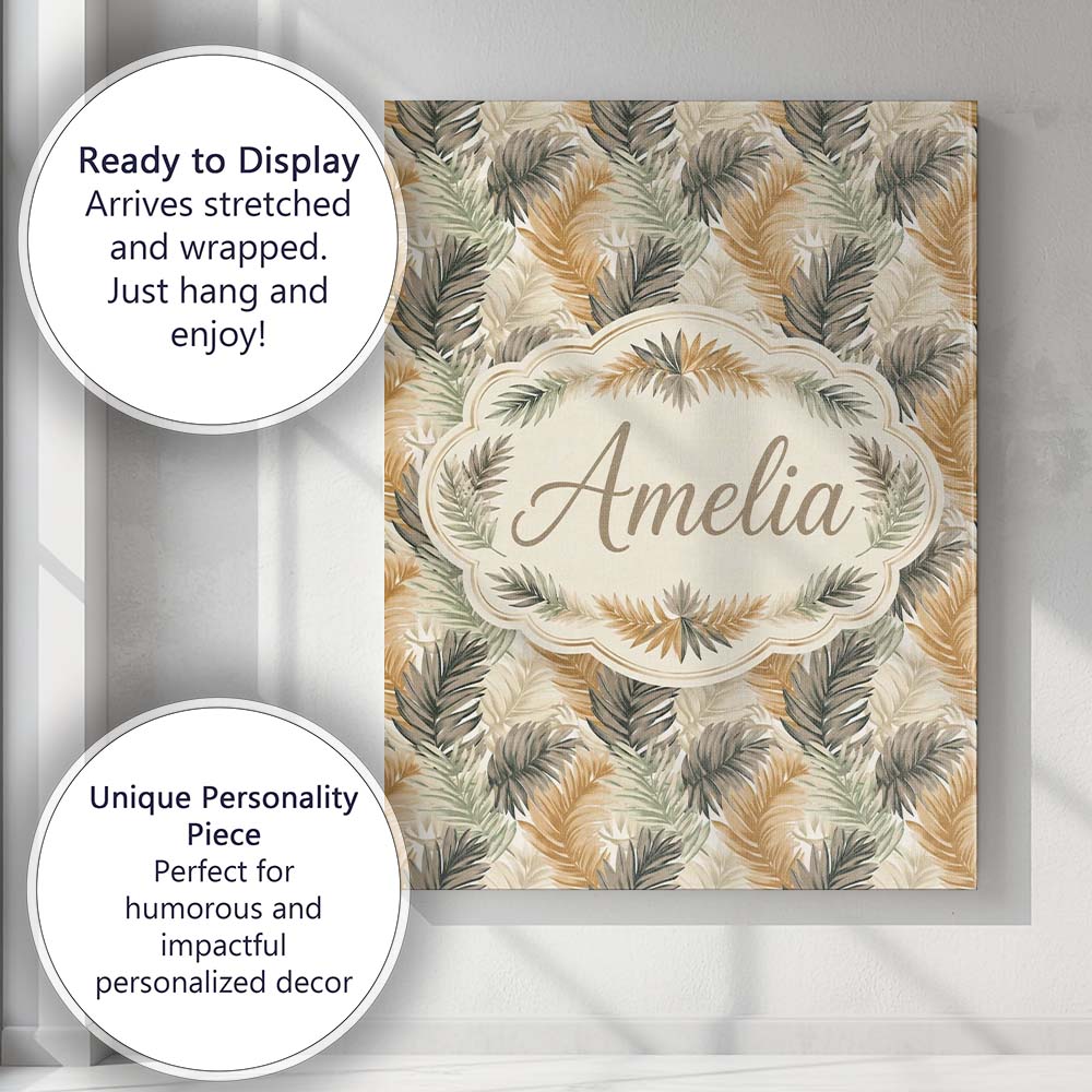 Personalised Name Earthy Toned Palm Leaf Custom Unique Gift Idea Elegant Feature Canvas Wall Art Print Decor Picture Ready to Hang