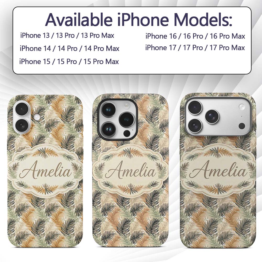 Earthy Toned Palm Leaf Botanical Seamless Pattern Custom Name Protective Phone Case Mobile Cover Durable Everyday Smartphone Shock Resistant