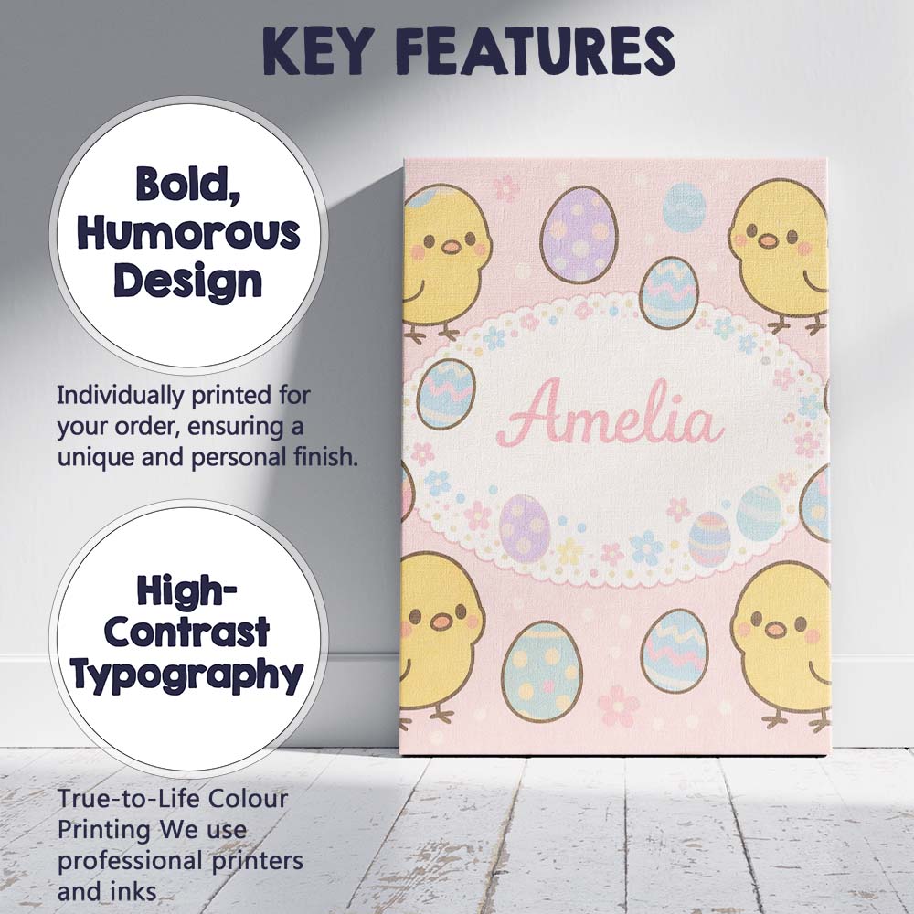 Personalised Name Cute Easter Chick Eggs Cartoon Animal Pattern Custom Statement Canvas Wall Art Print Decor Picture Ready to Hang