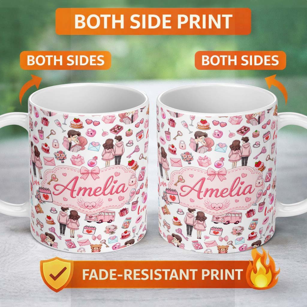 Personalized Custom Name Cute Love Couple Gifts Cakes Teddy Bear Pattern Light Grey Lovely 11oz Ceramic Coffee Tea Mug White Large Handle