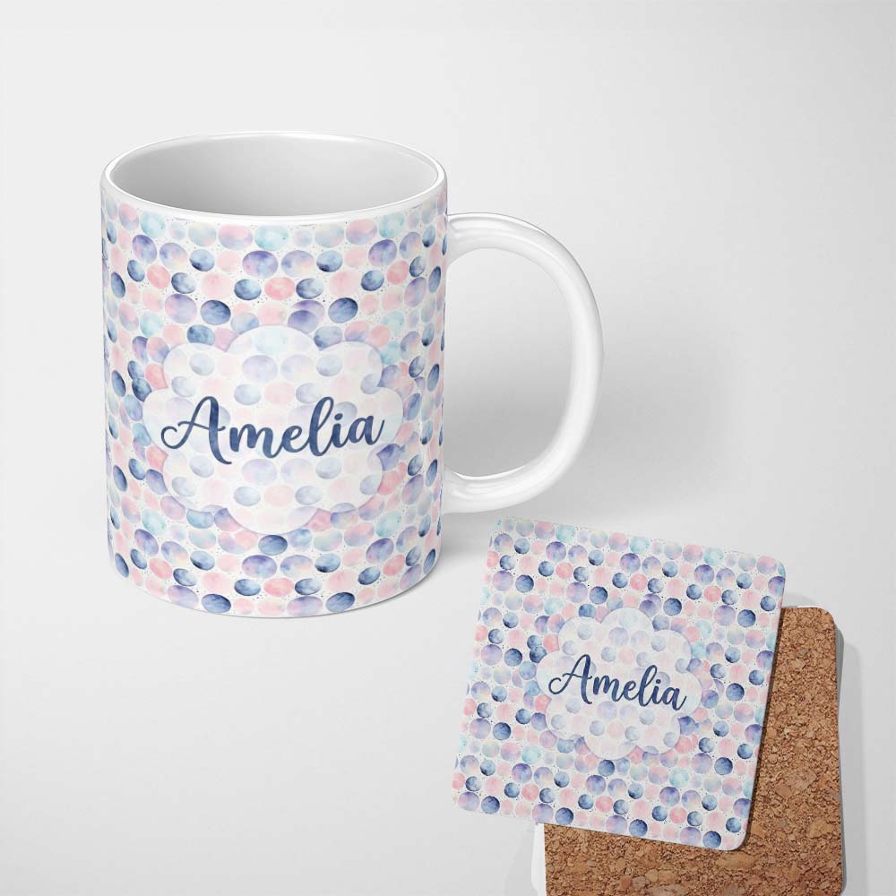 Personalized Custom Name Pastel Watercolor Polka Dot Circles Seamless Pattern Lovely 11oz Ceramic Coffee Tea Mug White Large Handle