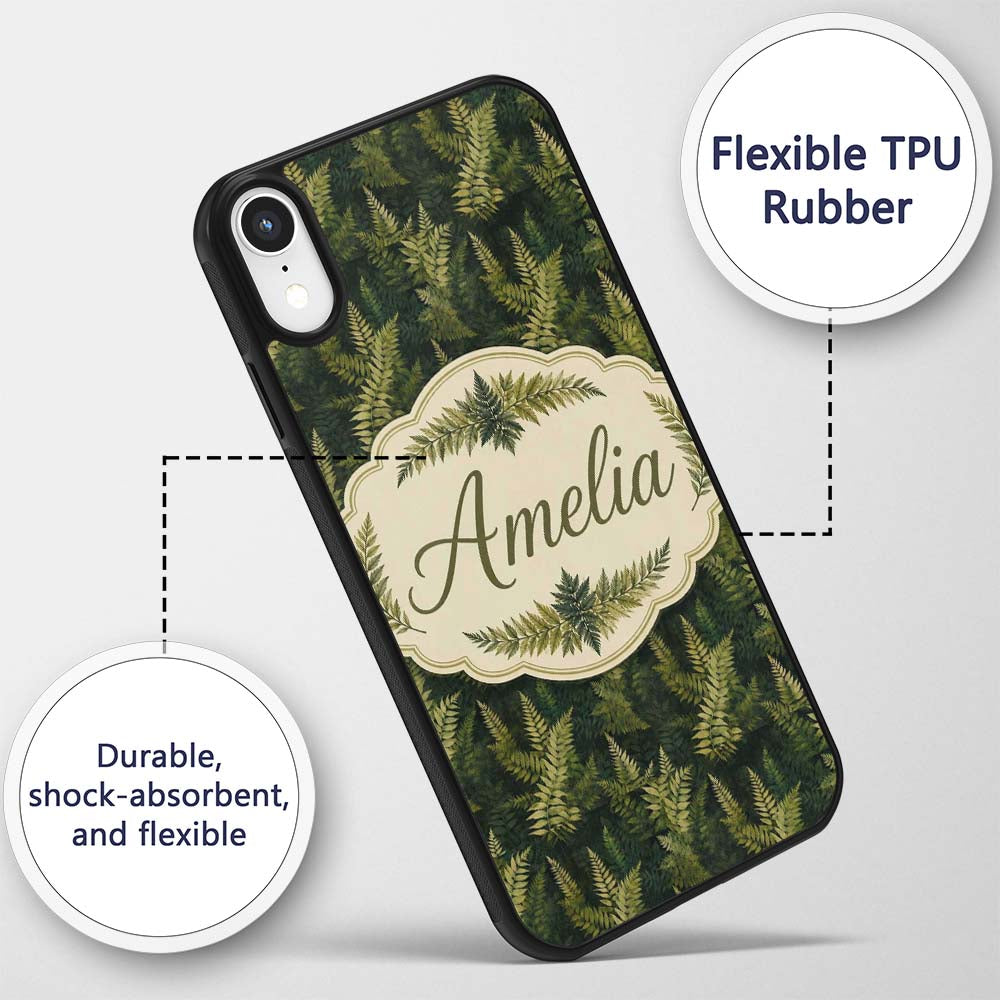 Dark Green Dense Fern Forest Seamless Pattern Custom Name Protective Phone Case Mobile Cover Durable Everyday Smartphone Shock Resistant