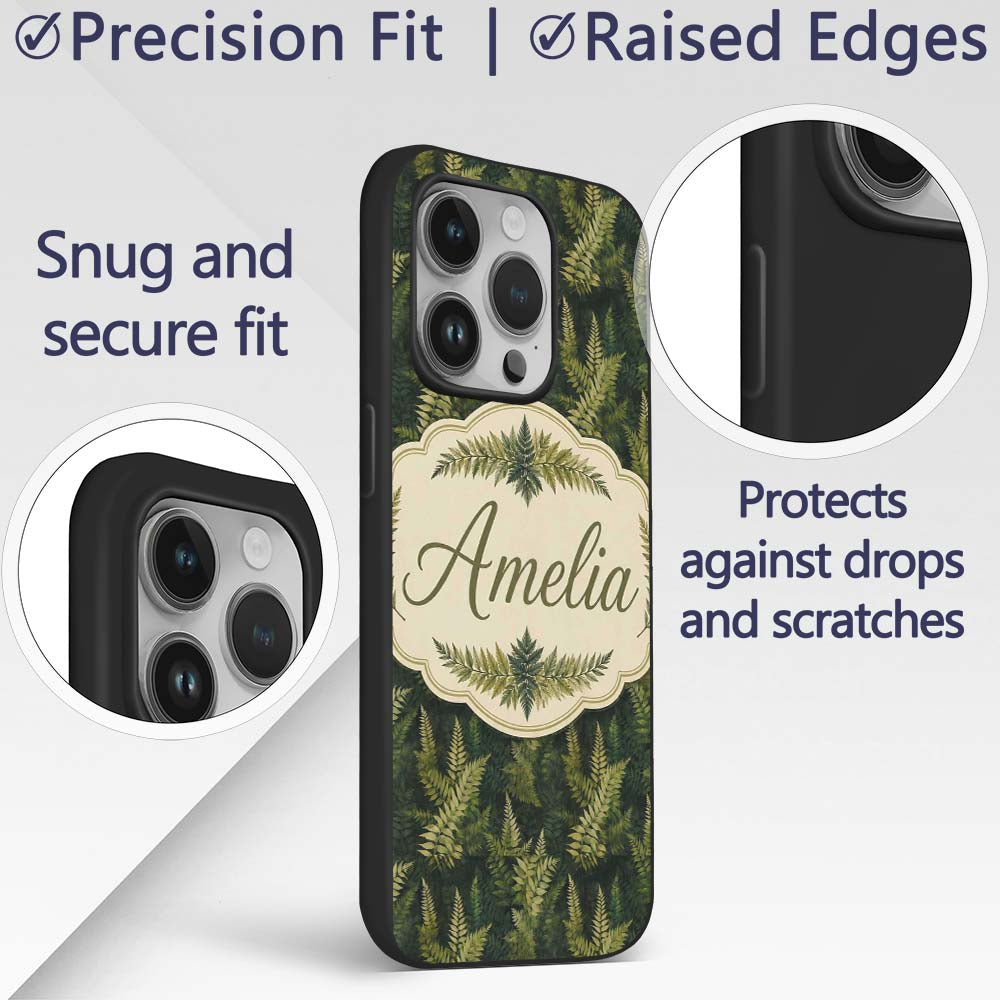 Dark Green Dense Fern Forest Seamless Pattern Custom Name Protective Phone Case Mobile Cover Durable Everyday Smartphone Shock Resistant