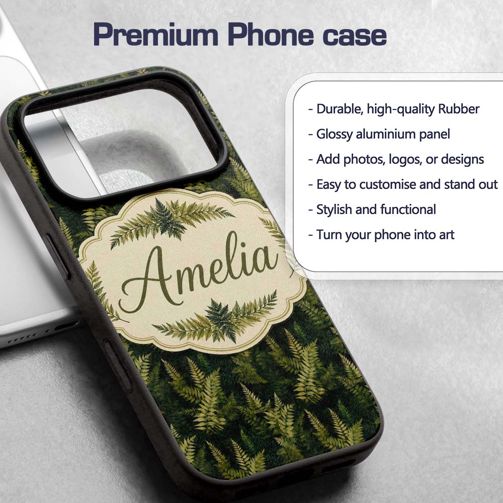Dark Green Dense Fern Forest Seamless Pattern Custom Name Protective Phone Case Mobile Cover Durable Everyday Smartphone Shock Resistant