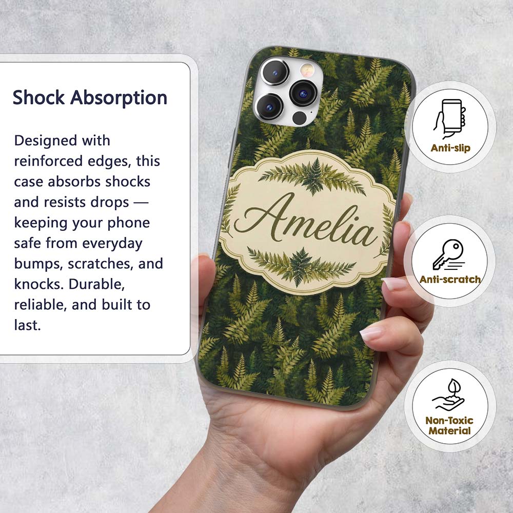 Dark Green Dense Fern Forest Seamless Pattern Custom Name Protective Phone Case Mobile Cover Durable Everyday Smartphone Shock Resistant