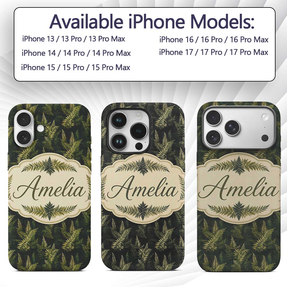 Dark Green Dense Fern Forest Seamless Pattern Custom Name Protective Phone Case Mobile Cover Durable Everyday Smartphone Shock Resistant
