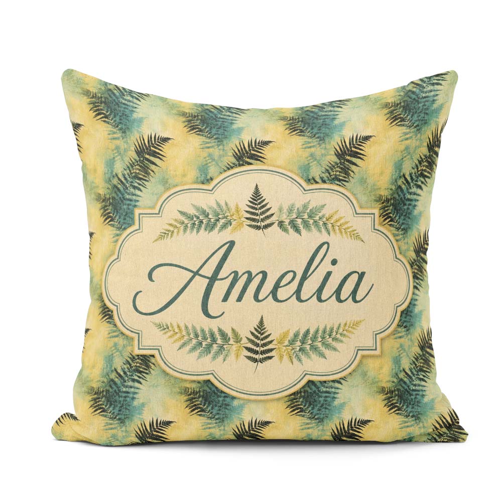 Custom Name Teal Yellow Fern Abstract Botanical Seamless Pattern Square Filled Cushion Throw Pillow Sofa Bed Home Decor Zip Washable UK Made