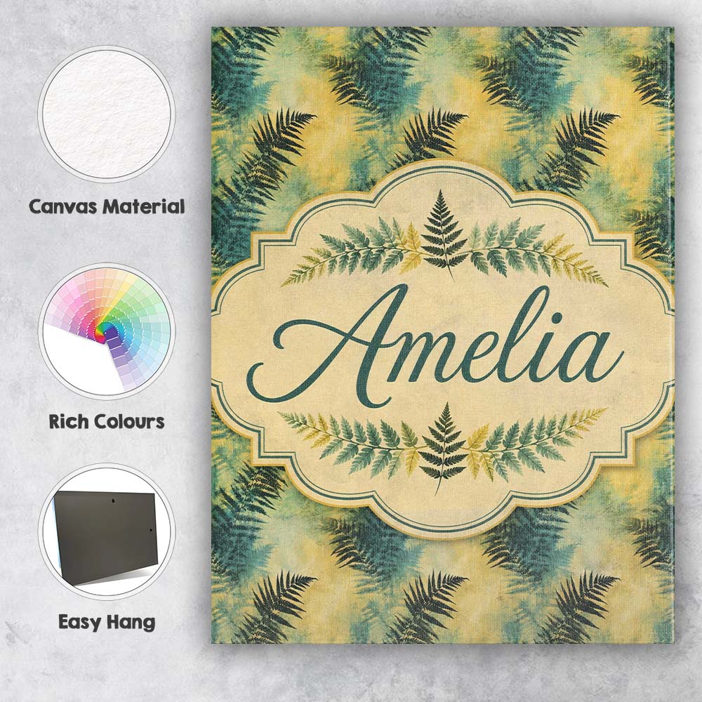 Personalised Name Teal and Yellow Fern Custom Modern Room Accent Elegant Feature Canvas Wall Art Print Decor Picture Ready to Hang