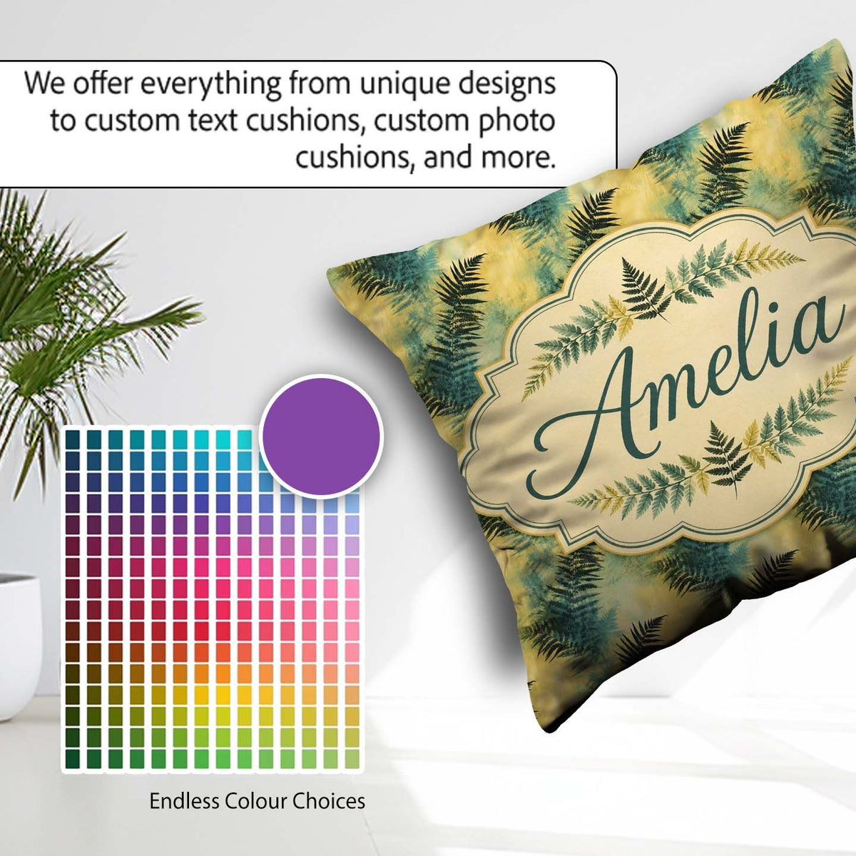 Custom Name Teal Yellow Fern Abstract Botanical Seamless Pattern Square Filled Cushion Throw Pillow Sofa Bed Home Decor Zip Washable UK Made