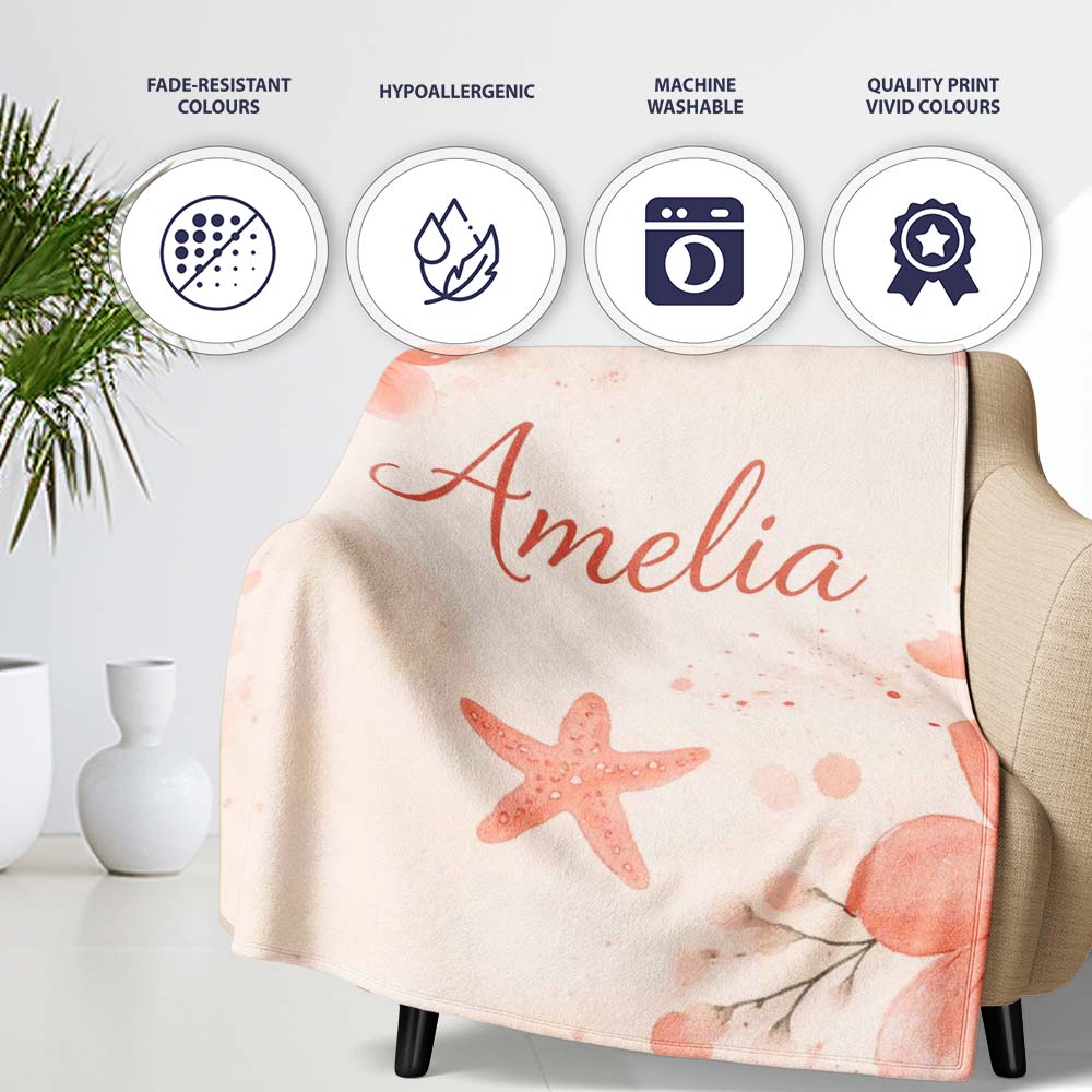 Coral Starfish Ocean Floral Pattern Seamless Watercolour Coastal Personalised Custom Name Super Soft Fleece Blanket Bed Sofa Throw