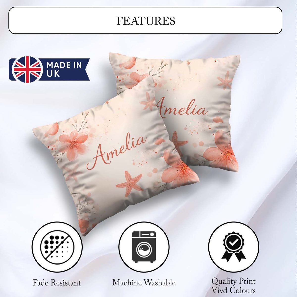 Custom Name Coral Starfish Ocean Floral Pattern Seamless Coastal Square Filled Cushion Throw Pillow Sofa Bed Home Decor Zip Washable UK Made