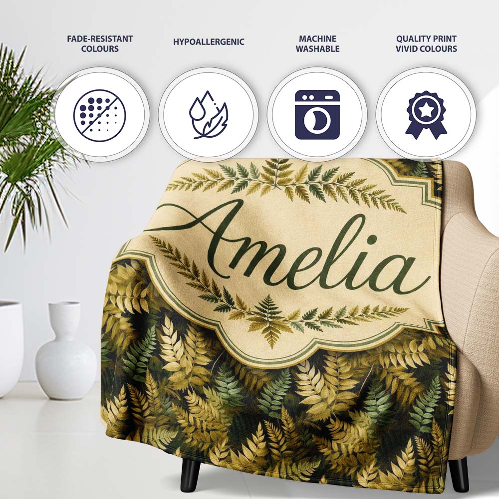 Gold and Green Botanical Foliage Seamless Pattern Cute Unique Gift Personalised Custom Name Super Soft Fleece Blanket Bed Sofa Throw
