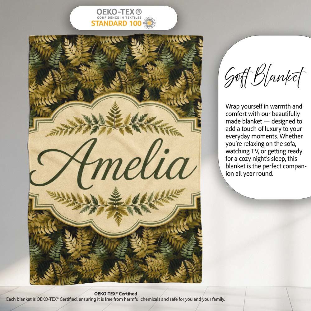 Gold and Green Botanical Foliage Seamless Pattern Cute Unique Gift Personalised Custom Name Super Soft Fleece Blanket Bed Sofa Throw