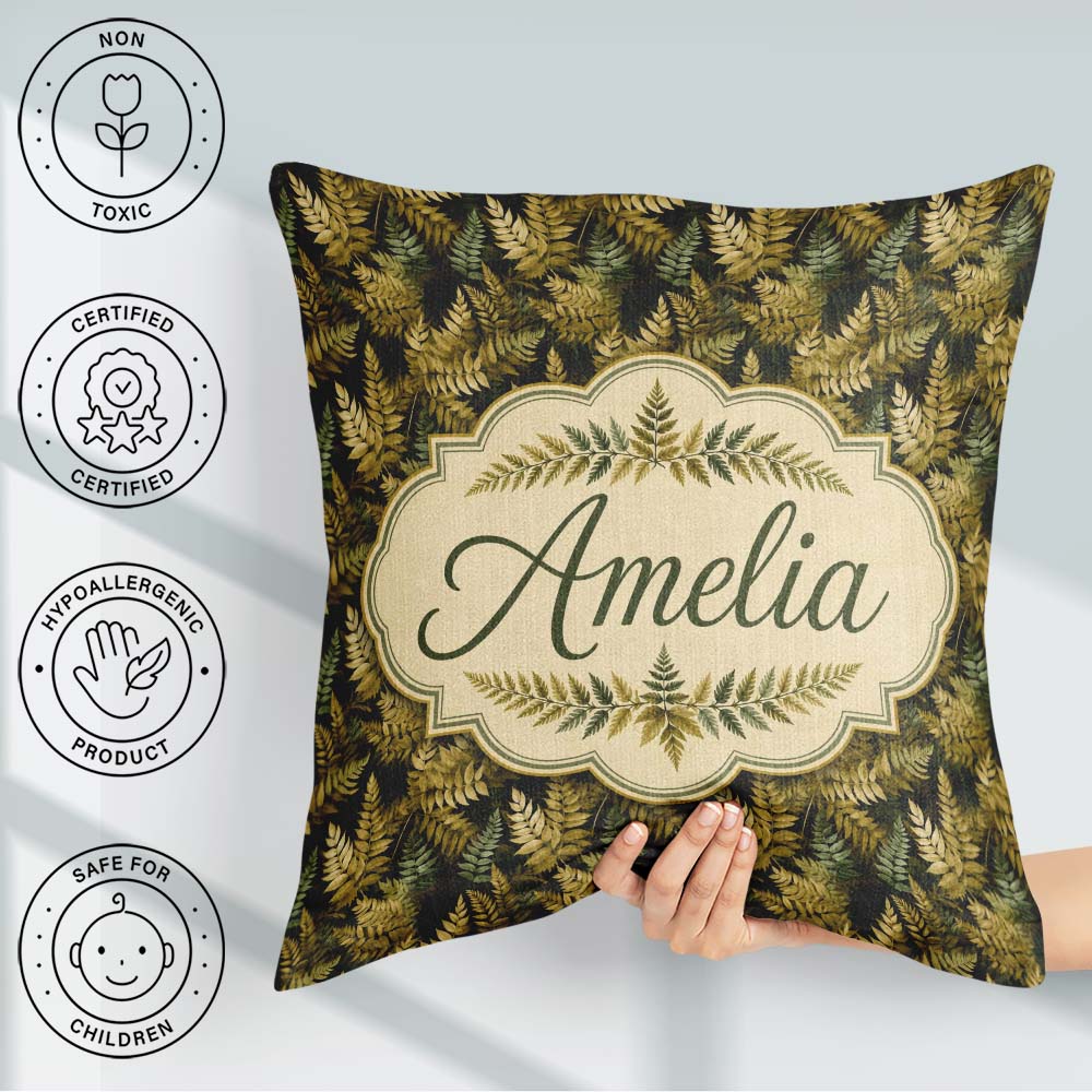 Custom Name Gold and Green Botanical Foliage Seamless Pattern Square Filled Cushion Throw Pillow Sofa Bed Home Decor Zip Washable UK Made