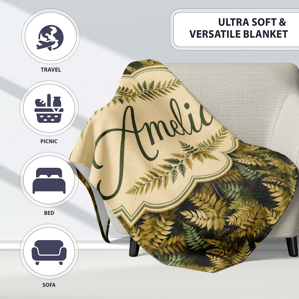 Gold and Green Botanical Foliage Seamless Pattern Cute Unique Gift Personalised Custom Name Super Soft Fleece Blanket Bed Sofa Throw