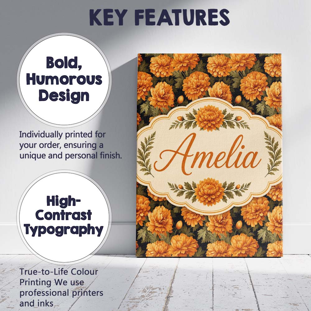 Personalised Name Orange Marigold Floral on Custom Bespoke Interior Contemporary Canvas Wall Art Print Decor Picture Ready to Hang