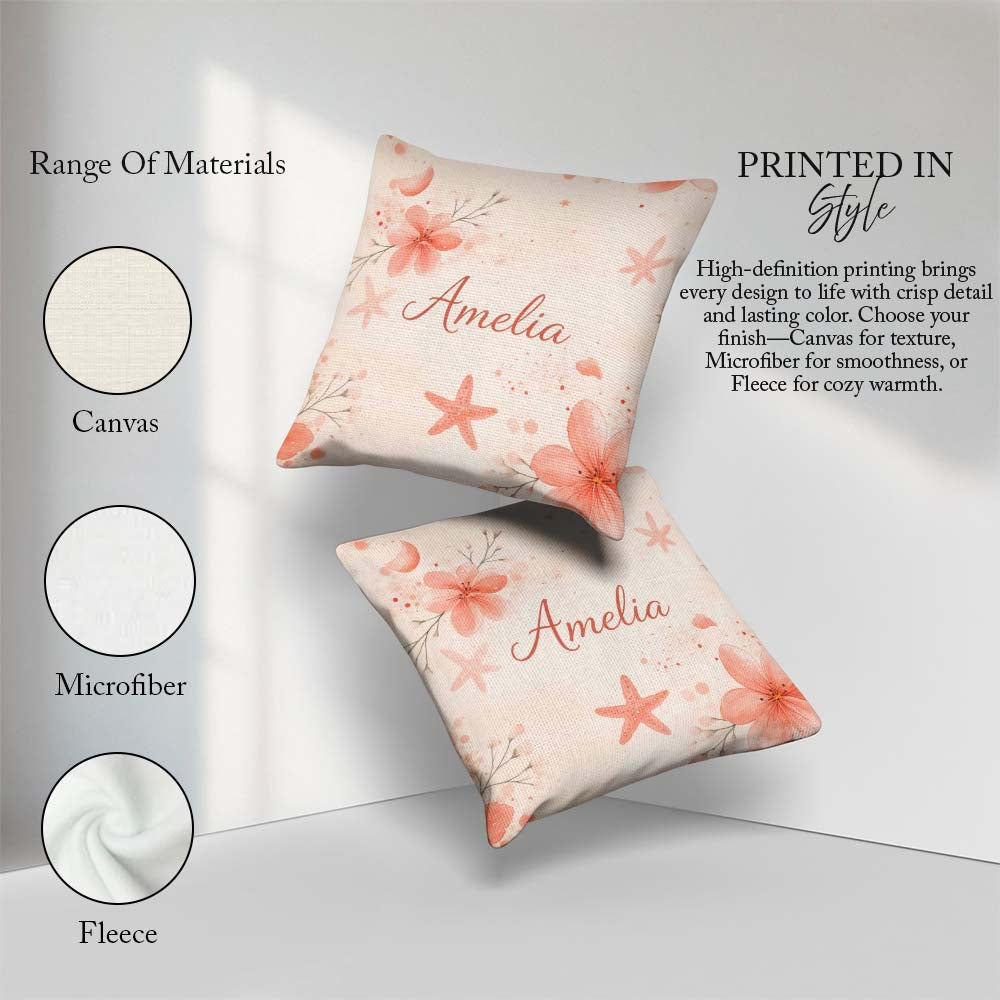 Custom Name Coral Starfish Ocean Floral Pattern Seamless Coastal Square Filled Cushion Throw Pillow Sofa Bed Home Decor Zip Washable UK Made