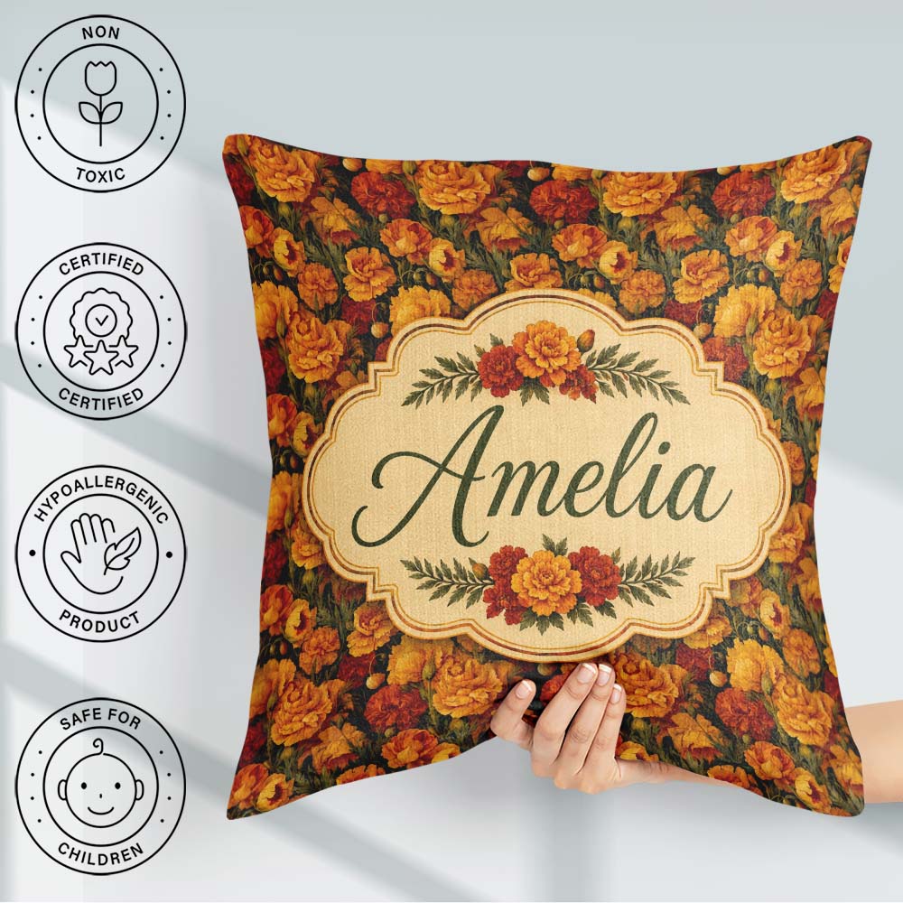 Custom Name Rich Orange Floral Garden Pattern on Dark Background Square Filled Cushion Throw Pillow Sofa Bed Home Decor Zip Washable UK Made