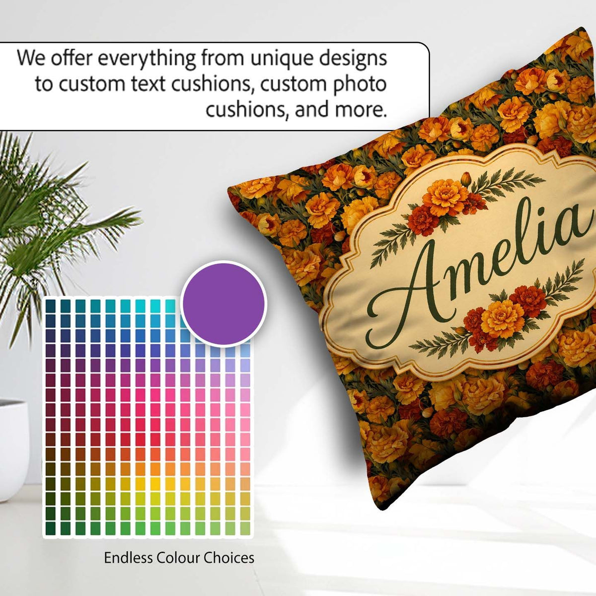 Custom Name Rich Orange Floral Garden Pattern on Dark Background Square Filled Cushion Throw Pillow Sofa Bed Home Decor Zip Washable UK Made