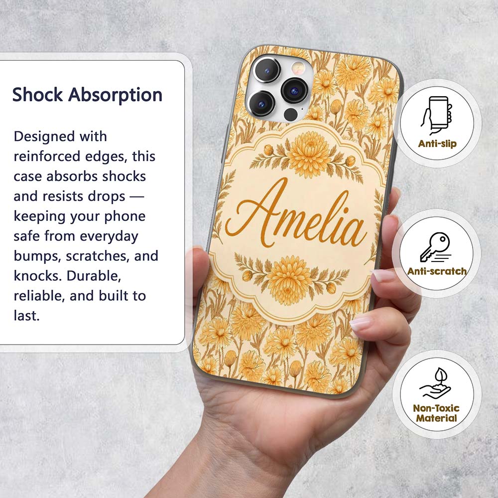 Vintage Orange Floral Botanical on Beige Seamless Custom Name Protective Phone Case Mobile Cover Durable Everyday Smartphone Shock Resistant