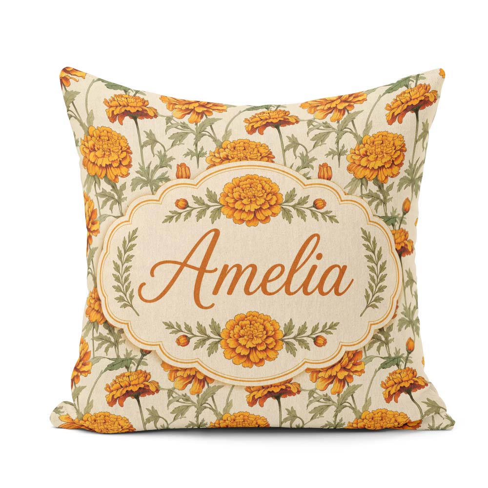 Custom Name Orange Stem Botanical Seamless Pattern on Background Square Filled Cushion Throw Pillow Sofa Bed Home Decor Zip Washable UK Made