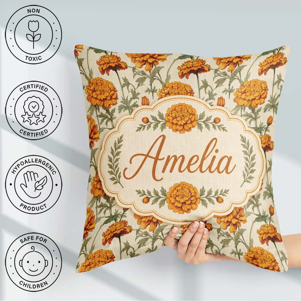 Custom Name Orange Stem Botanical Seamless Pattern on Background Square Filled Cushion Throw Pillow Sofa Bed Home Decor Zip Washable UK Made