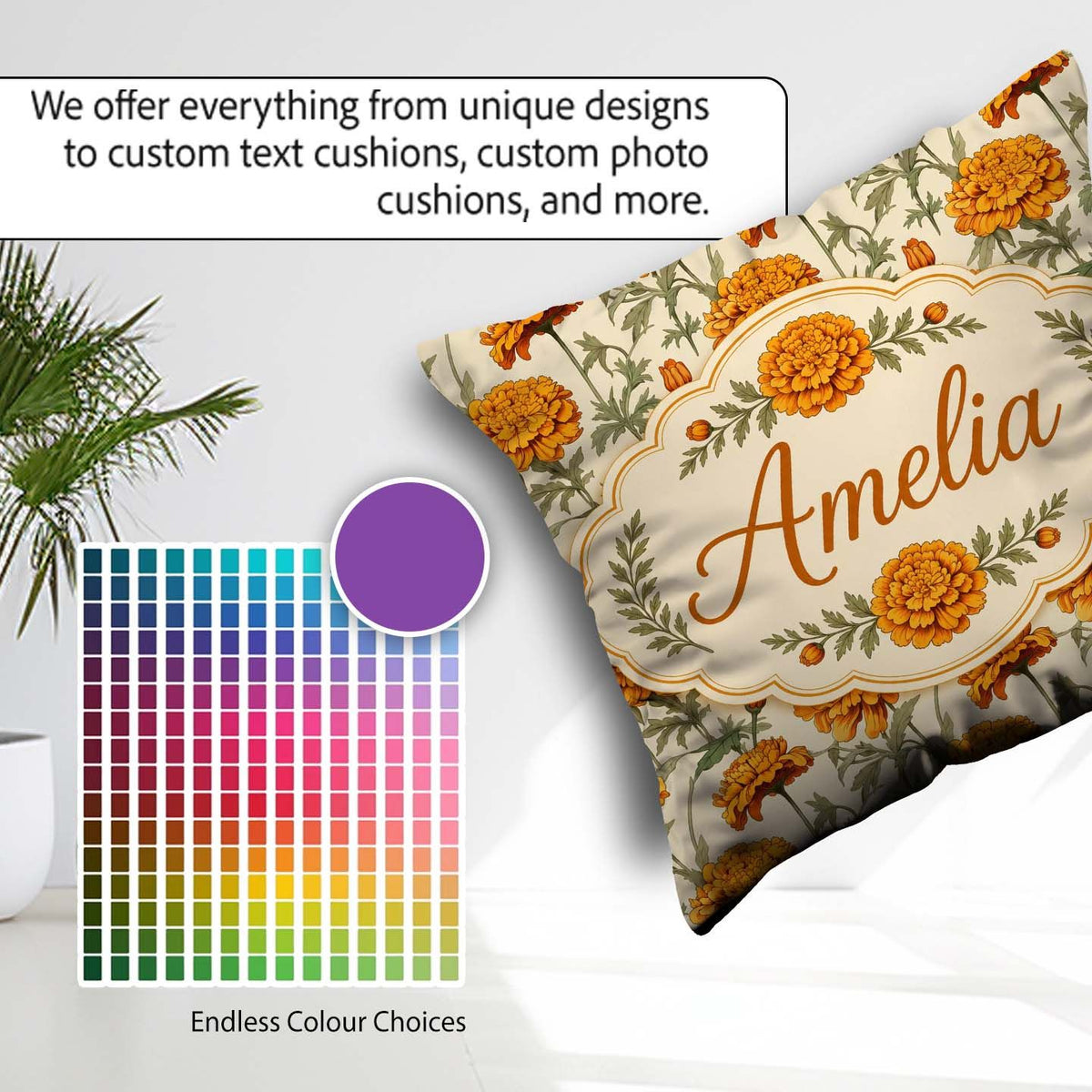 Custom Name Orange Stem Botanical Seamless Pattern on Background Square Filled Cushion Throw Pillow Sofa Bed Home Decor Zip Washable UK Made