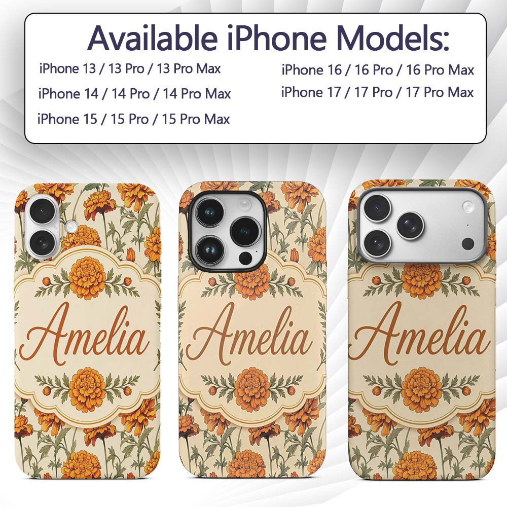 Orange Floral Stem Botanical Seamless Pattern on Custom Name Protective Phone Case Mobile Cover Durable Everyday Smartphone Shock Resistant