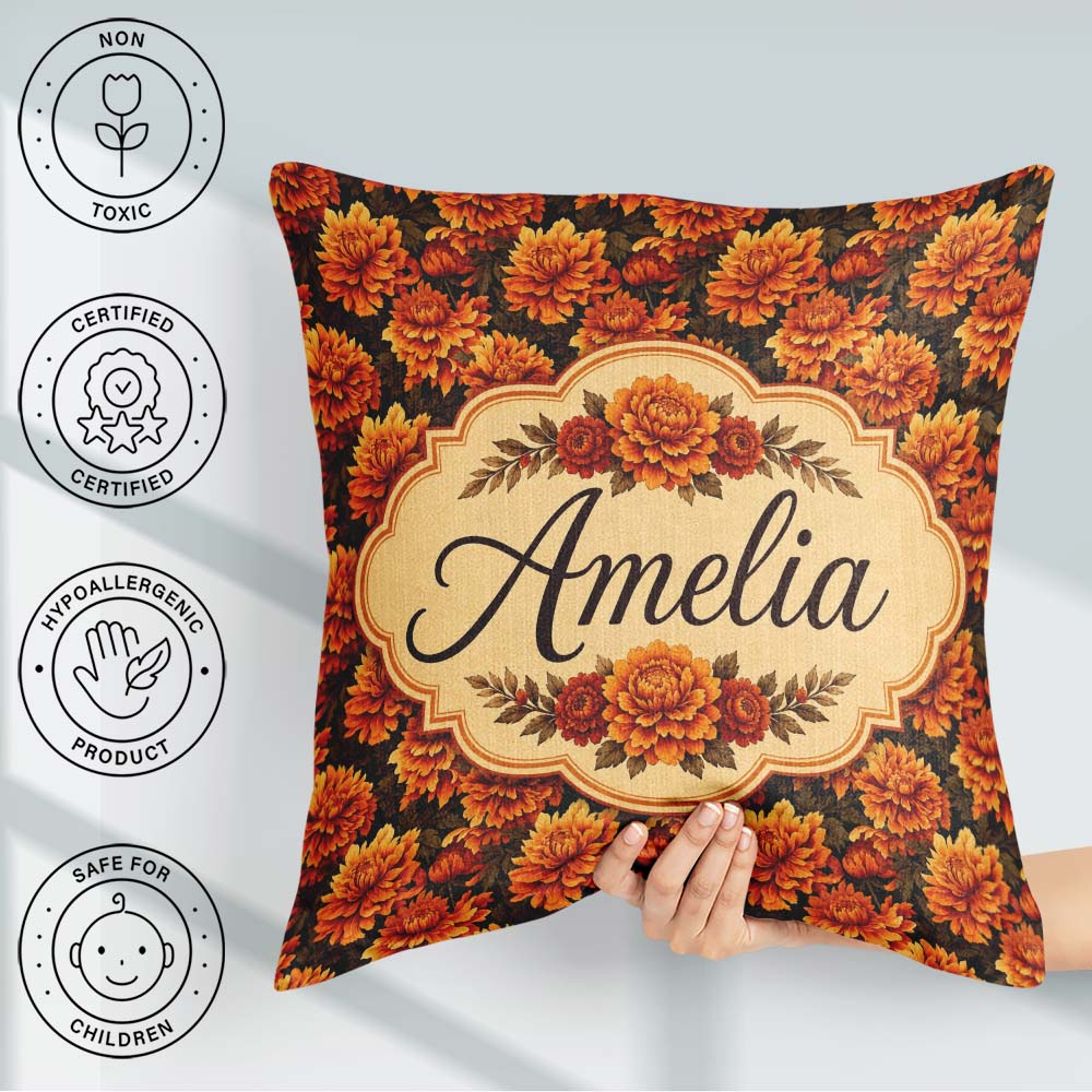Custom Name Bold Orange Floral on Black Seamless Pattern Lovely Square Filled Cushion Throw Pillow Sofa Bed Home Decor Zip Washable UK Made