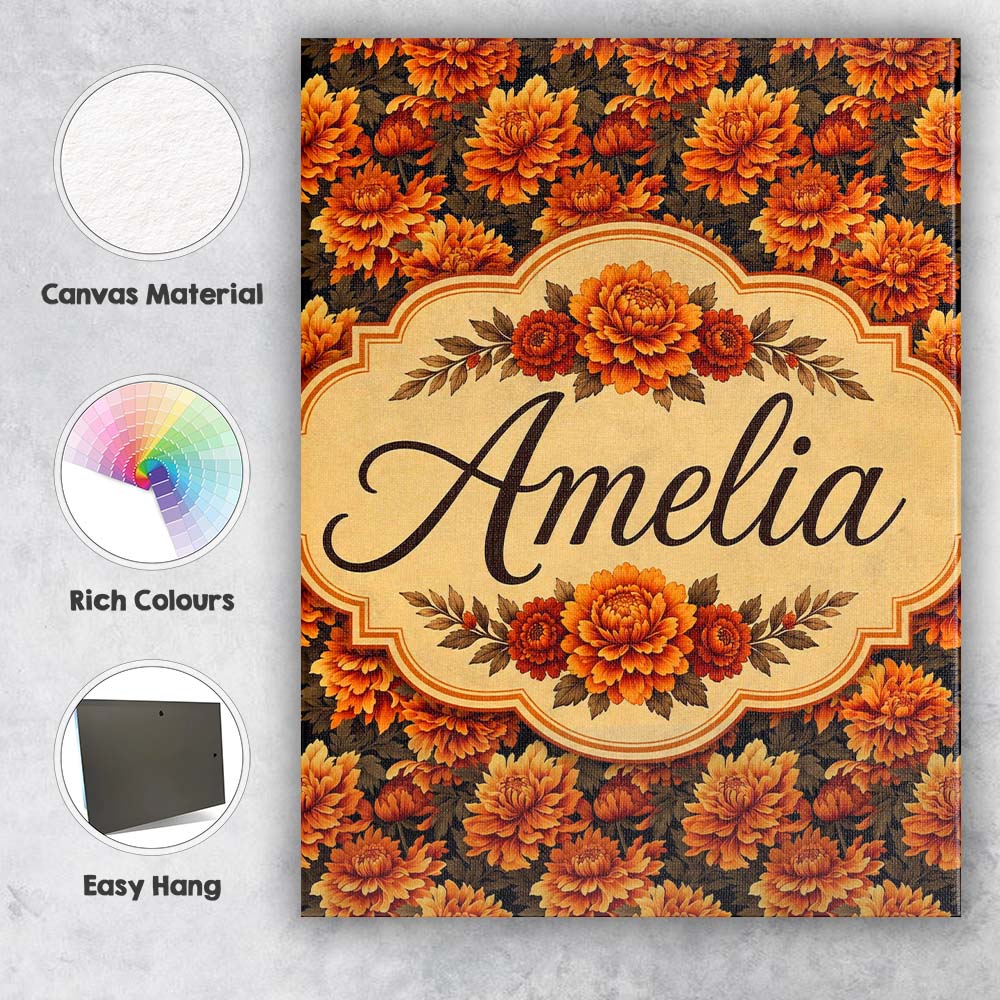 Personalised Name Bold Orange Chrysanthemum Custom Bespoke Interior Contemporary Canvas Wall Art Print Decor Picture Ready to Hang