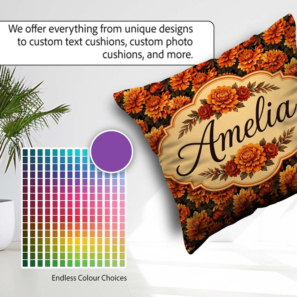 Custom Name Bold Orange Floral on Black Seamless Pattern Lovely Square Filled Cushion Throw Pillow Sofa Bed Home Decor Zip Washable UK Made