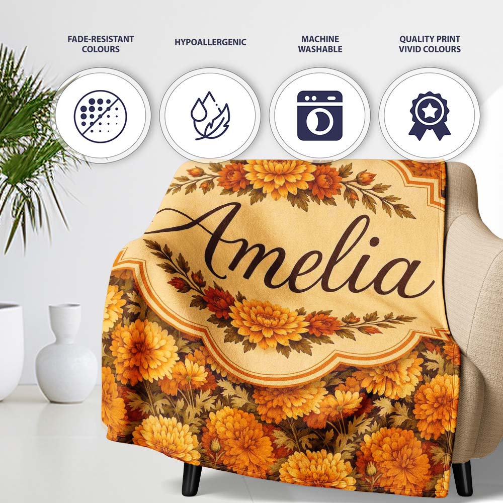 Dense Orange Floral Garden Seamless Warm Tone Pattern Lovely Personalised Custom Name Super Soft Fleece Blanket Bed Sofa Throw