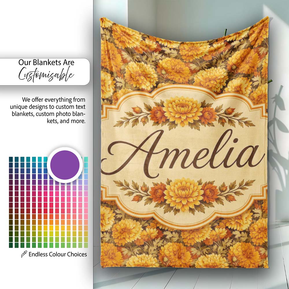 Dense Orange Floral Garden Seamless Warm Tone Pattern Lovely Personalised Custom Name Super Soft Fleece Blanket Bed Sofa Throw