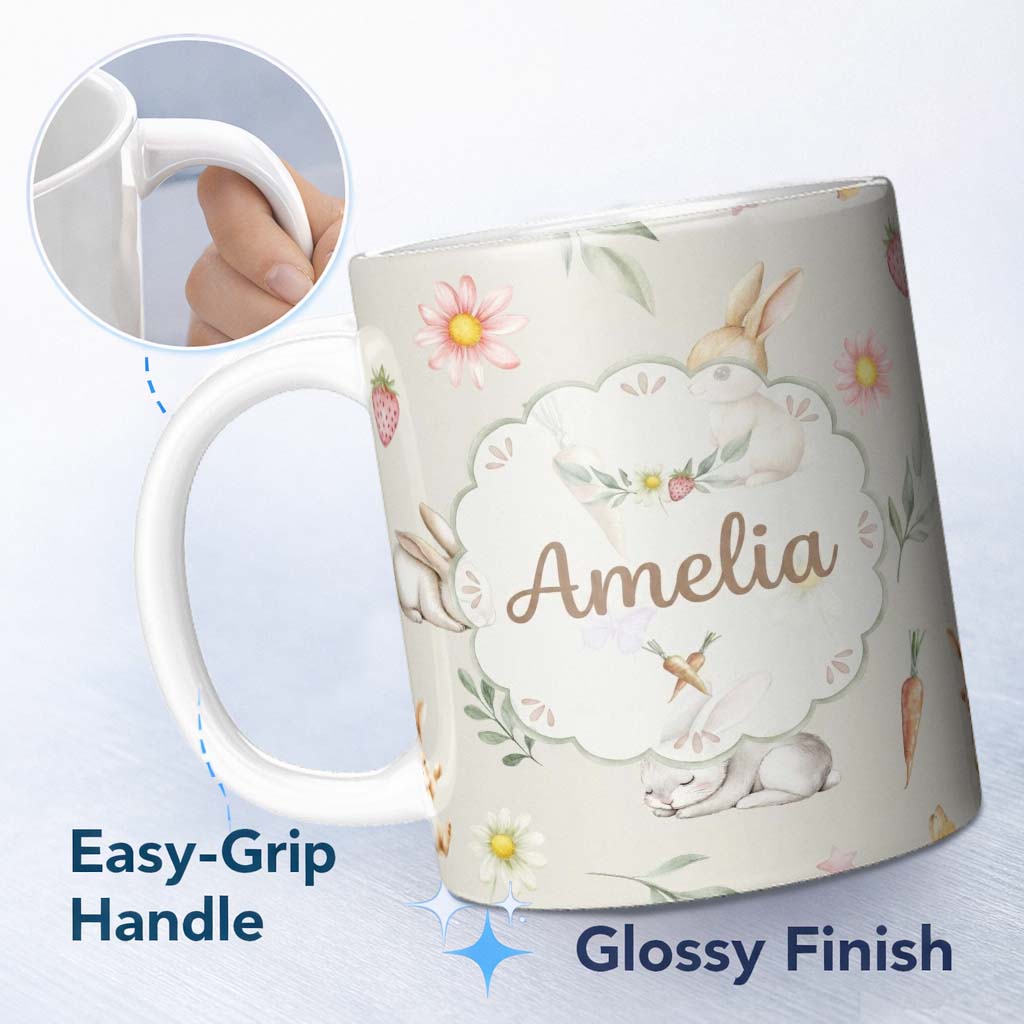 Personalized Custom Name Bunny Rabbits with Flowers Carrots and Butterflies Light Cream 11oz Ceramic Coffee Tea Mug White Large Handle