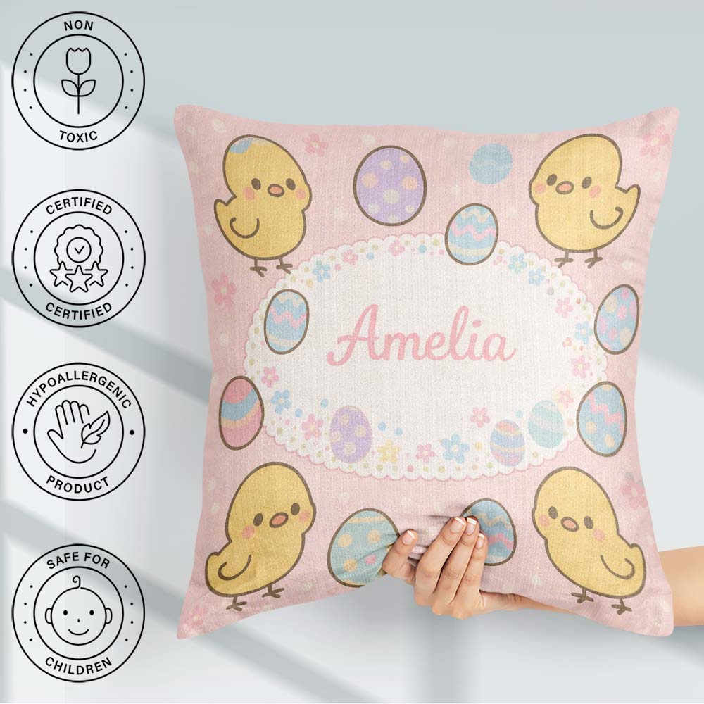 Custom Name Easter Chick Eggs Cartoon Animal Pattern Everyday Square Filled Cushion Throw Pillow Sofa Bed Home Decor Zip Washable UK Made