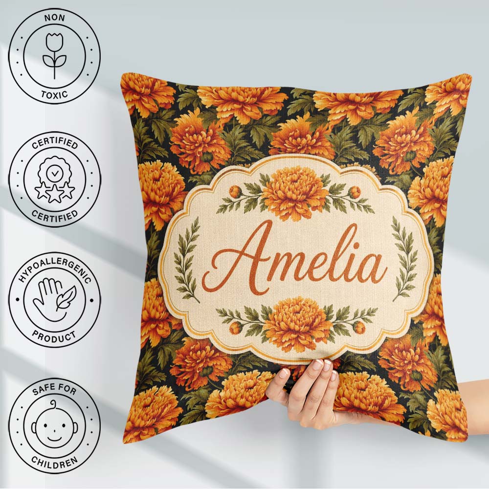 Custom Name Bold Orange Floral Seamless Pattern on Black Lovely Square Filled Cushion Throw Pillow Sofa Bed Home Decor Zip Washable UK Made
