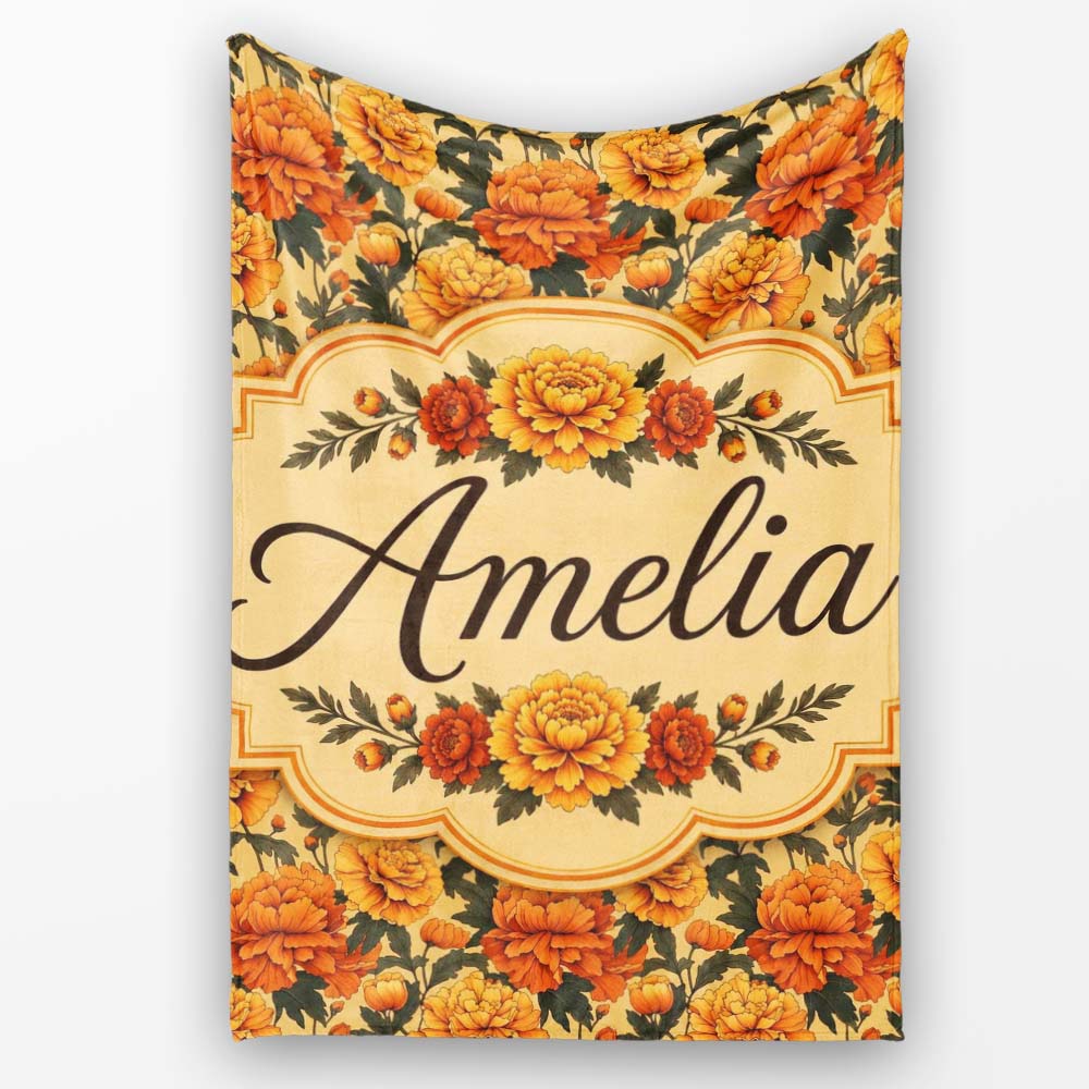 Vintage Orange Marigold Floral Seamless Pattern on Beige Background Personalised Custom Name Super Soft Fleece Blanket Bed Sofa Throw