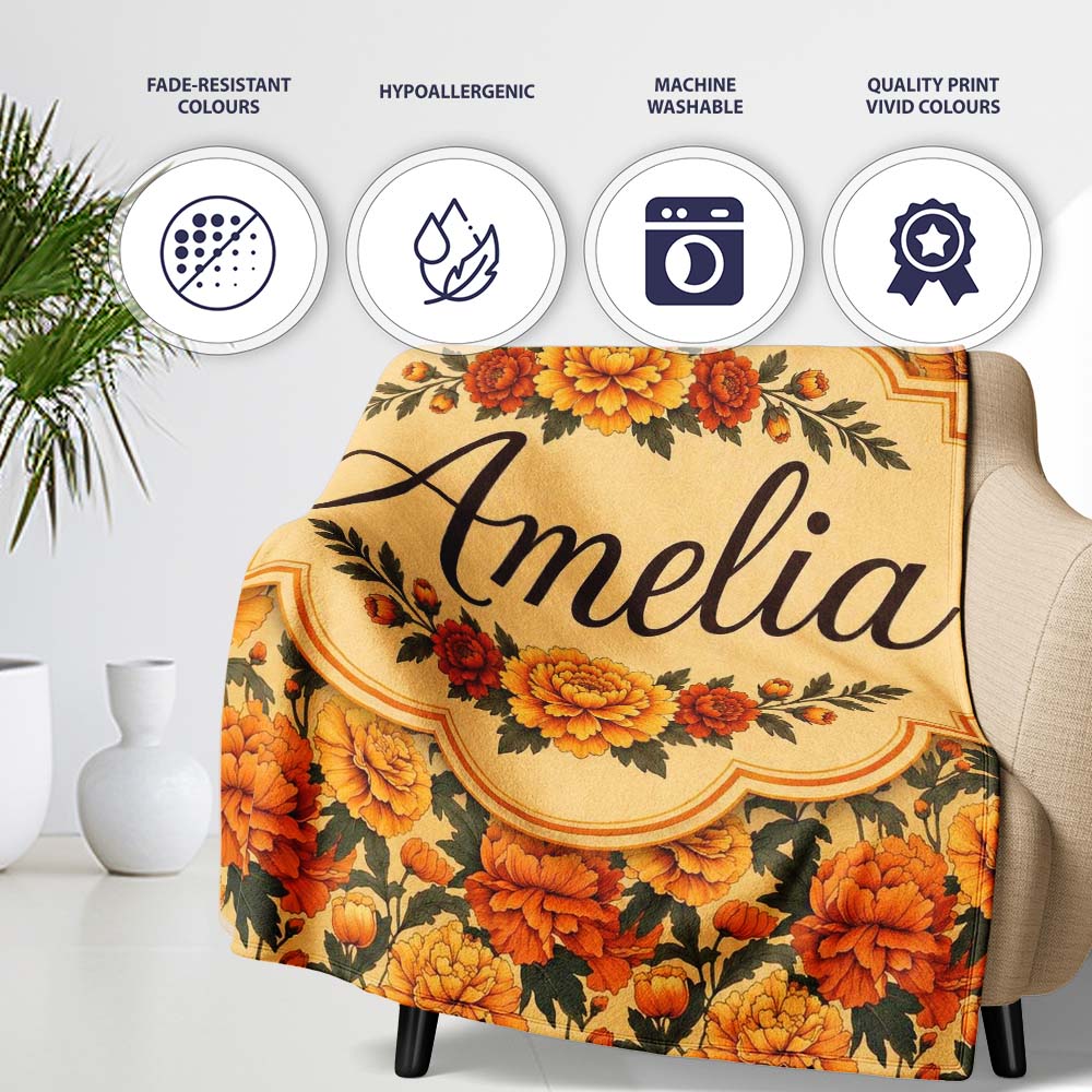 Vintage Orange Marigold Floral Seamless Pattern on Beige Background Personalised Custom Name Super Soft Fleece Blanket Bed Sofa Throw