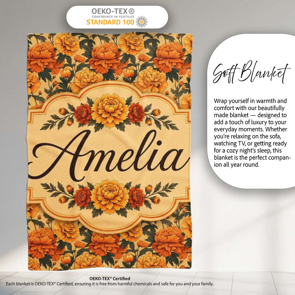 Vintage Orange Marigold Floral Seamless Pattern on Beige Background Personalised Custom Name Super Soft Fleece Blanket Bed Sofa Throw