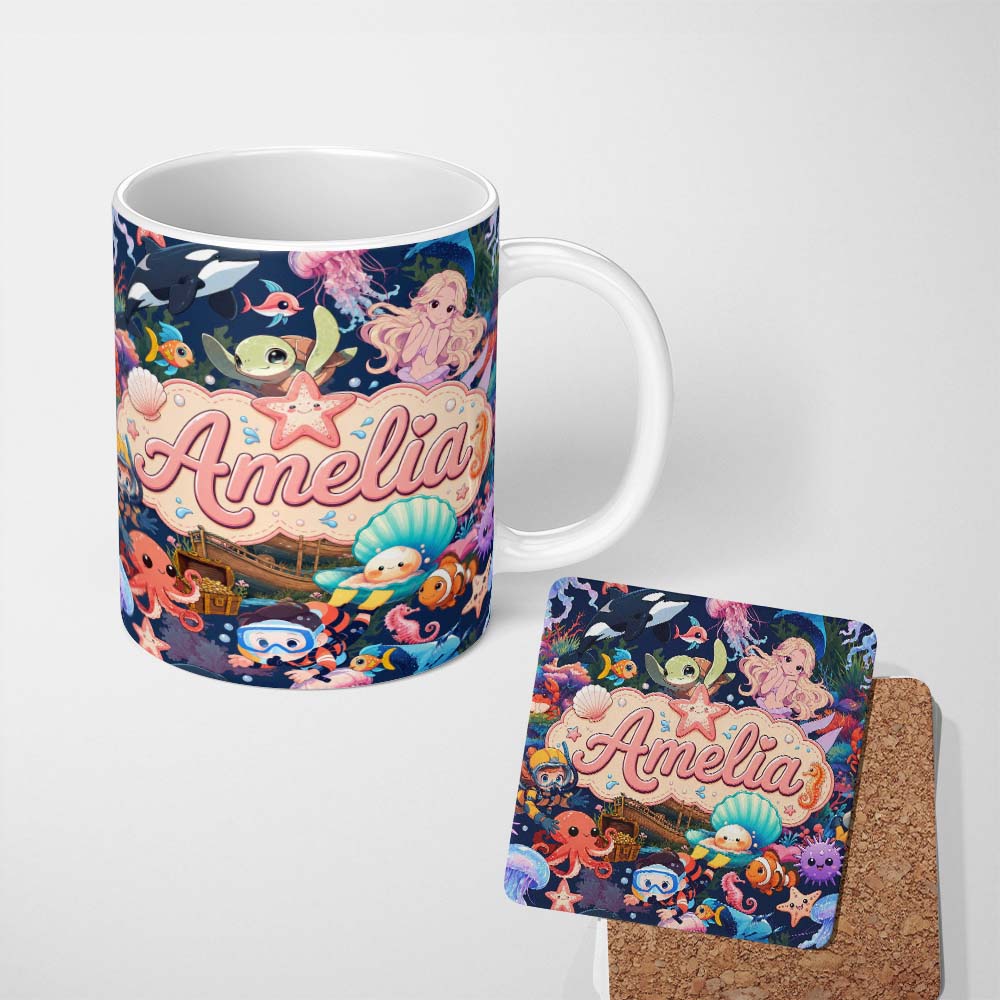 Personalized Custom Name Cute Underwater Ocean Scene Mermaid Dolphin Turtle Treasure Dark 11oz Ceramic Coffee Tea Mug White Large Handle