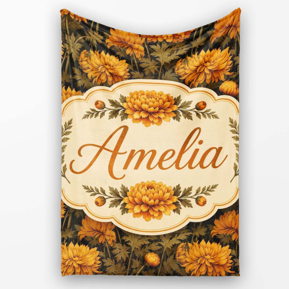Dark Vintage Chrysanthemum Floral Seamless Pattern with Deep Tones Personalised Custom Name Super Soft Fleece Blanket Bed Sofa Throw