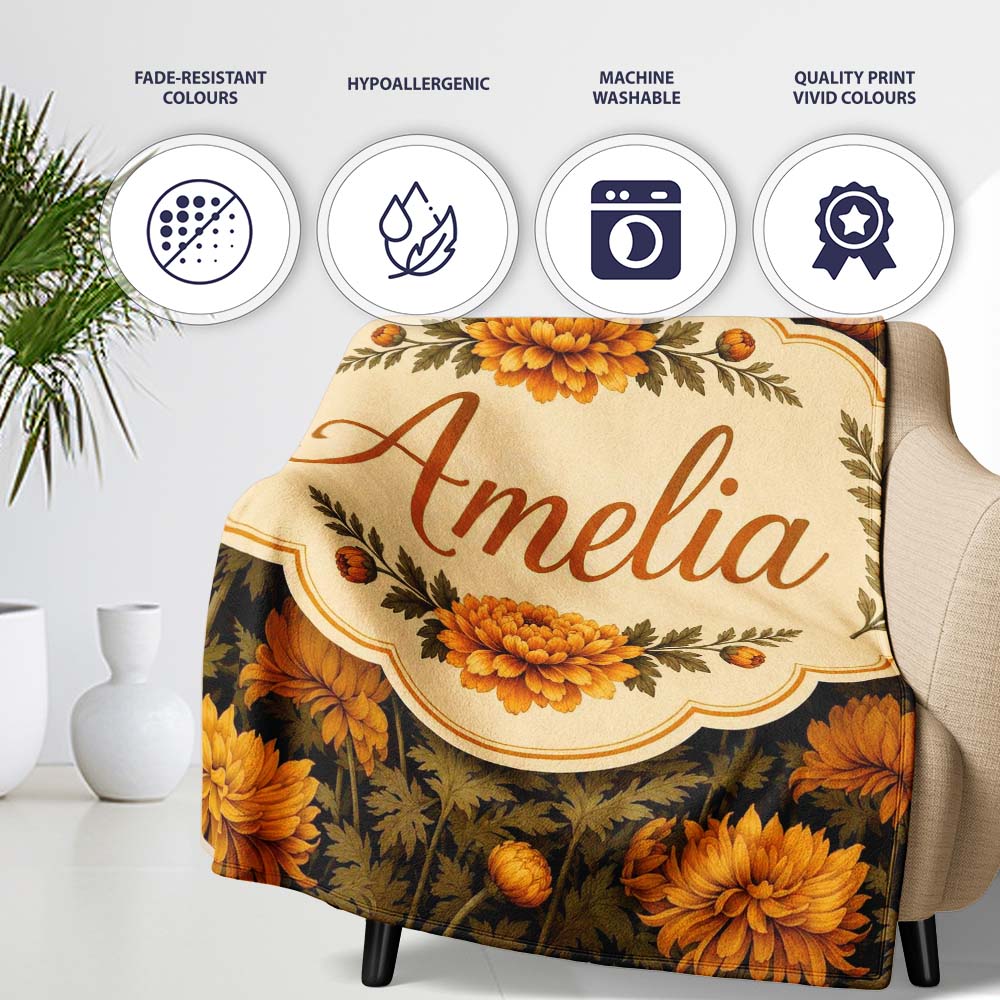 Dark Vintage Chrysanthemum Floral Seamless Pattern with Deep Tones Personalised Custom Name Super Soft Fleece Blanket Bed Sofa Throw
