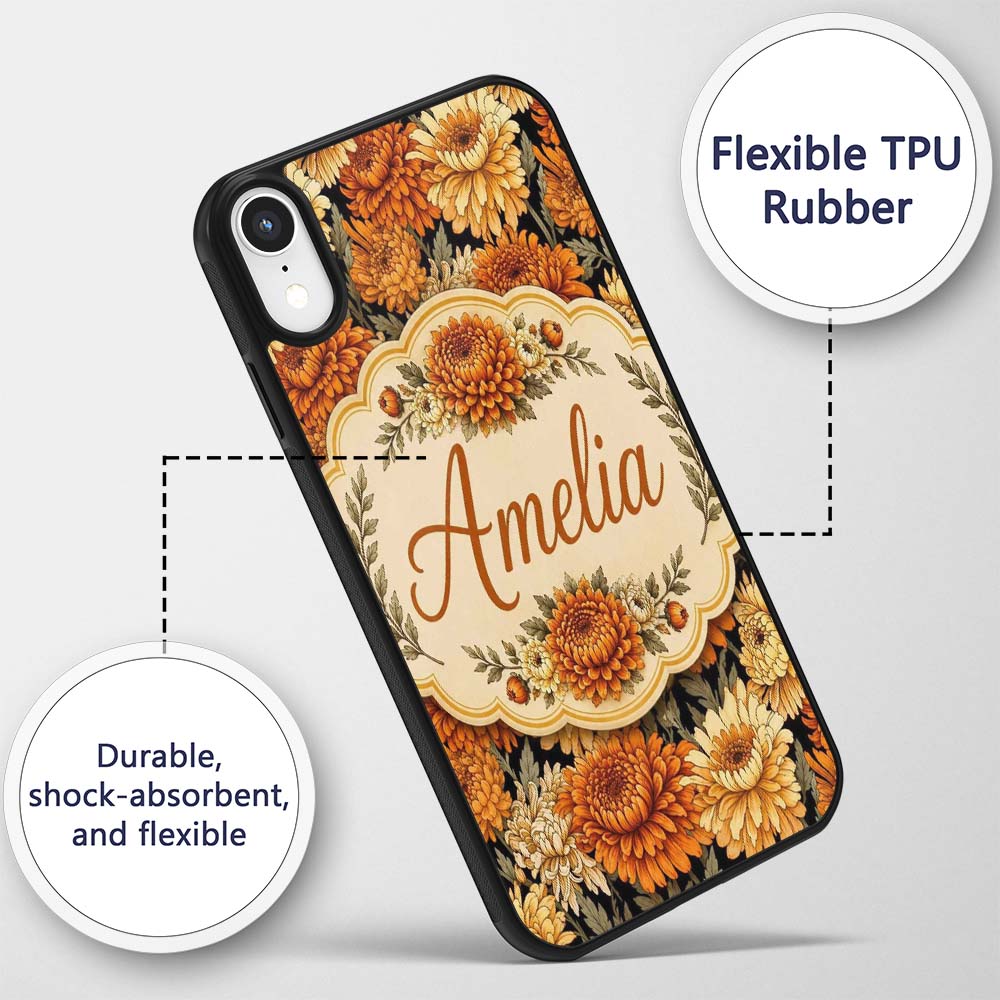 Orange and Cream Chrysanthemum Floral Seamless Custom Name Protective Phone Case Mobile Cover Durable Everyday Smartphone Shock Resistant