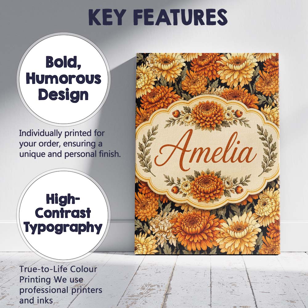 Personalised Name Orange and Cream Chrysanthemum Floral Seamless Creative Decorator Style Canvas Wall Art Print Decor Picture Ready to Hang