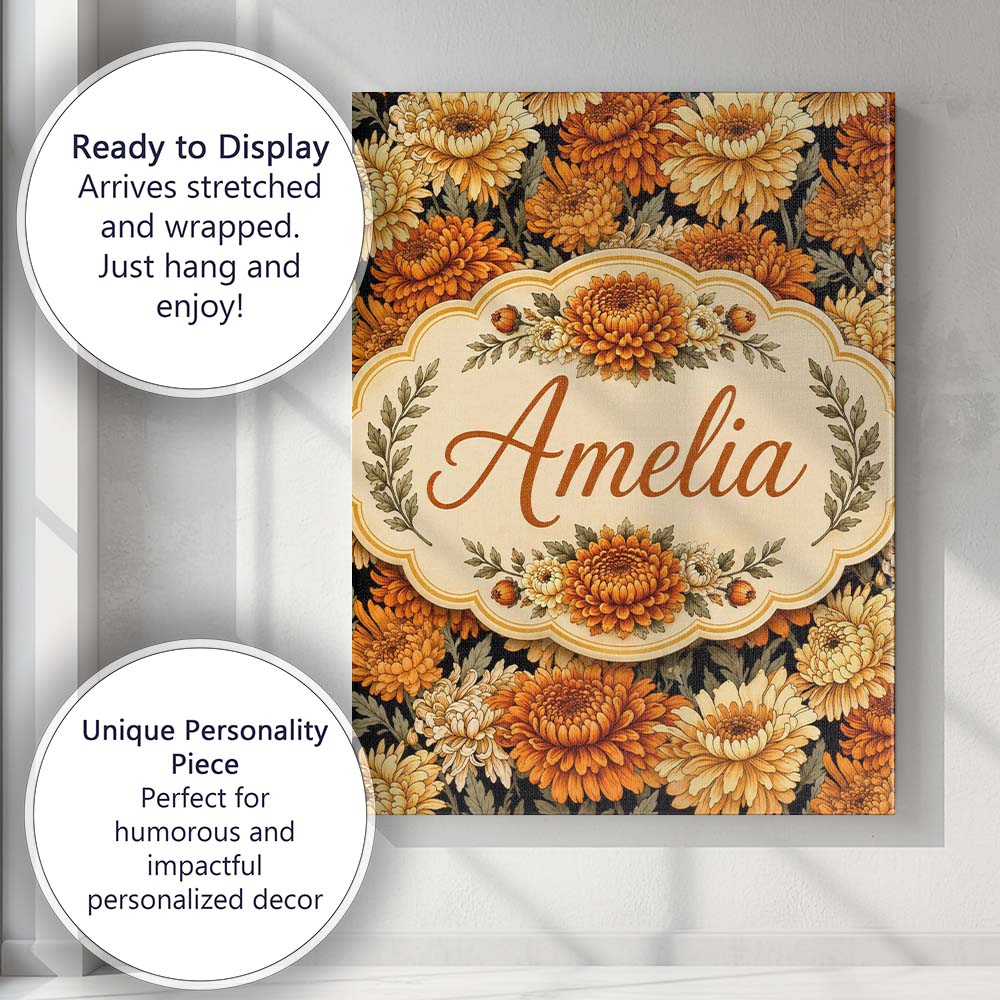 Personalised Name Orange and Cream Chrysanthemum Floral Seamless Creative Decorator Style Canvas Wall Art Print Decor Picture Ready to Hang